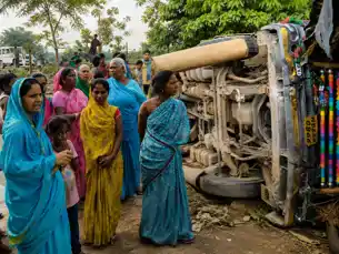 रफ्तार में जा रहे बालू लदे हाइवा का टायर हुआ ब्लास्ट, घर पर गाडी पलटने से तीन की मौत