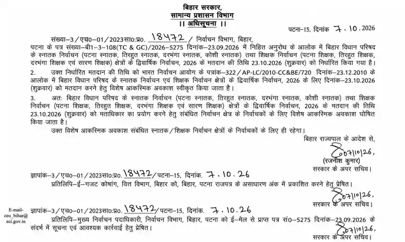 MLC चुनाव के कारण मतदान करने वाले शिक्षक मतदाताओं को एक दिन का विशेष अवकाश MLC चुनाव के कारण मतदान करने वाले शिक्षक मतदाताओं को एक दिन का विशेष अवकाश