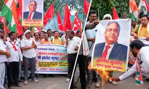 वोट चोर गद्दी छोड़ के नारों के साथ नाला में इंडिया गठबंधन का आक्रोश प्रदर्शन, मुख्य चुनाव आयुक्त का फूंका पुतला