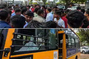 स्कूल बस में जमकर तोड़फोड़, मौके पर पहुंची पुलिस, भारी बवाल  