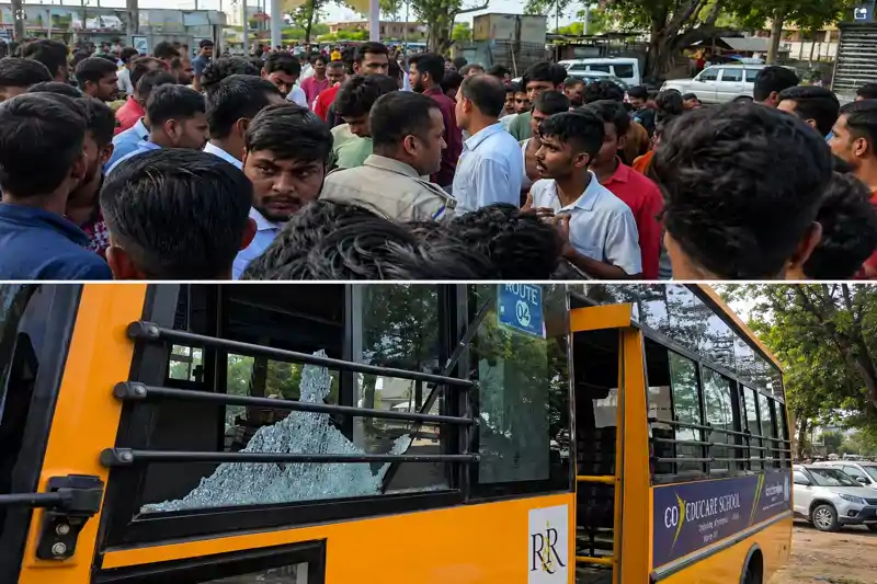 स्कूल बस में जमकर तोड़फोड़, मौके पर पहुंची पुलिस, भारी बवाल स्कूल बस में जमकर तोड़फोड़, मौके पर पहुंची पुलिस, भारी बवाल