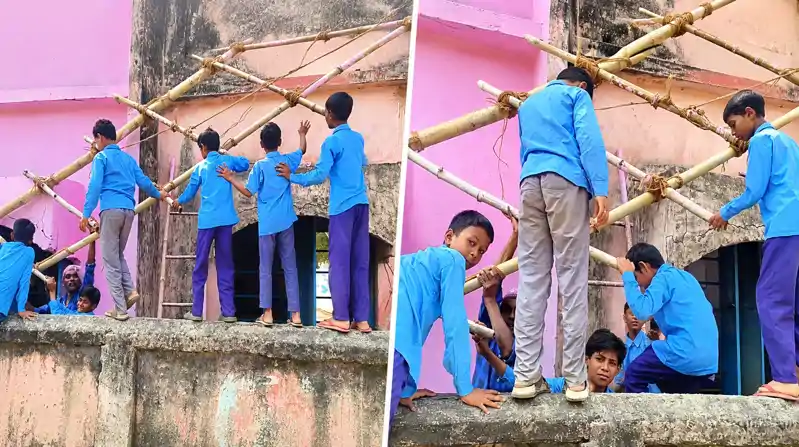स्कूल की रंगाई-पोताई में बच्चों की जान से खिलवाड़! 30 फीट बांस की सीढ़ी उठाने के लिए बाउंड्री पर चढ़ाए गए छात्र स्कूल की रंगाई-पोताई में बच्चों की जान से खिलवाड़! 30 फीट बांस की सीढ़ी उठाने के लिए बाउंड्री पर चढ़ाए गए छात्र
