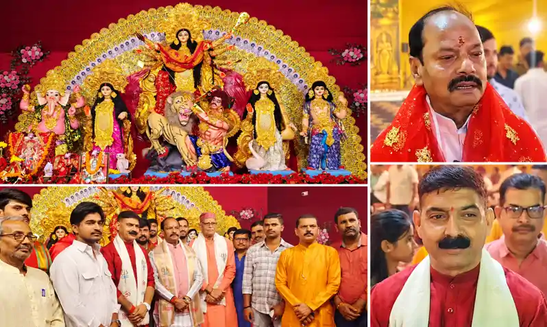 दुर्गा पूजा के साथ-साथ बनारस की तर्ज पर भव्य गंगा आरती का आयोजन, पूर्व सीएम ने किया उद्घाटन दुर्गा पूजा के साथ-साथ बनारस की तर्ज पर भव्य गंगा आरती का आयोजन, पूर्व सीएम ने किया उद्घाटन