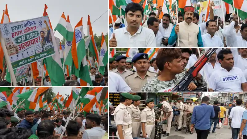 JP गोलंबर से तेजस्वी यादव का लोकभवन मार्च शुरू, हजारों की भीड़, AK-47 भी..अफसरों ने संभाला मोर्चा JP गोलंबर से तेजस्वी यादव का लोकभवन मार्च शुरू, हजारों की भीड़, AK-47 भी..अफसरों ने संभाला मोर्चा