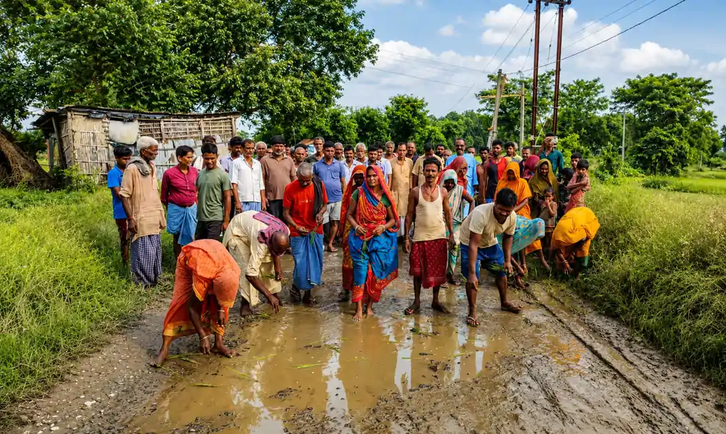 जर्जर सड़क पर धान की रोपनी,  ग्रामीणों ने जताया अनोखे तरीके से विरोध, मरम्मत की मांग