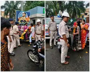 बिना हेलमेट चलने वालों को महिला पुलिसकर्मियों ने बांधा रक्षा सूत्र